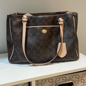 Coach Peyton Signature Double Zip Tote Bag Brown Canvas Cream Detail